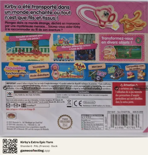 Kirby's Extra Epic Yarn Nintendo 3DS, France box back