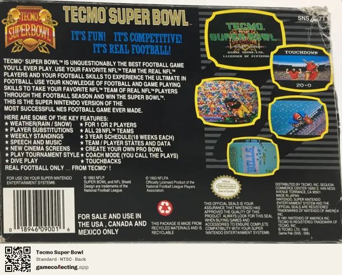 Tecmo Super Bowl Super Nintendo Entertainment System, NTSC box back
