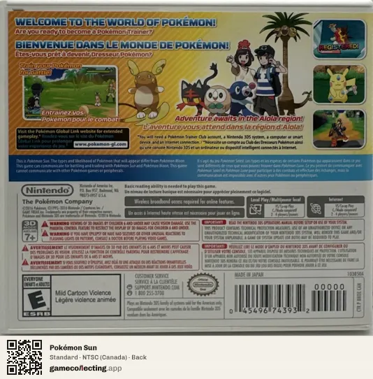 Pokémon Sun Nintendo 3DS, Canada box back
