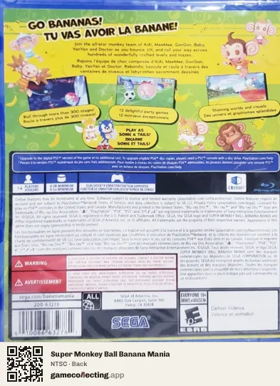 Super Monkey Ball Banana Mania PlayStation 4, NTSC box back
