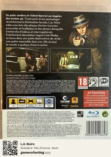 L.A. Noire PlayStation 3, France box back