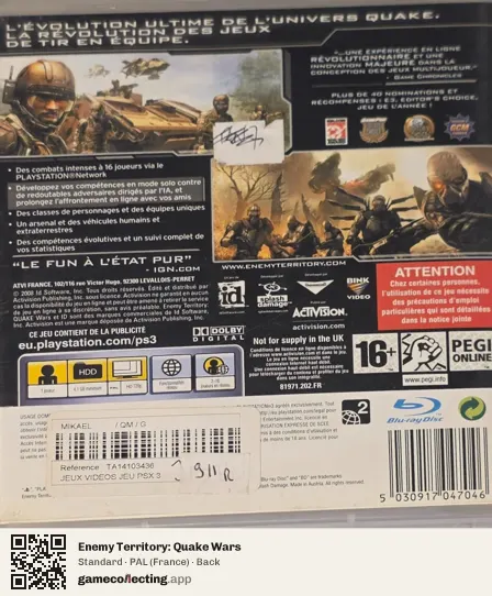 Enemy Territory: Quake Wars PlayStation 3, France box back