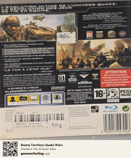 Enemy Territory: Quake Wars PlayStation 3, France box back