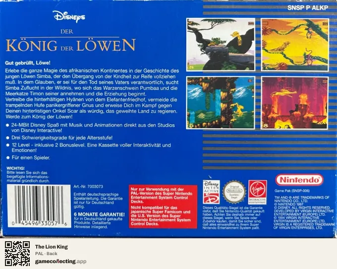 The Lion King Super Nintendo Entertainment System, PAL box back
