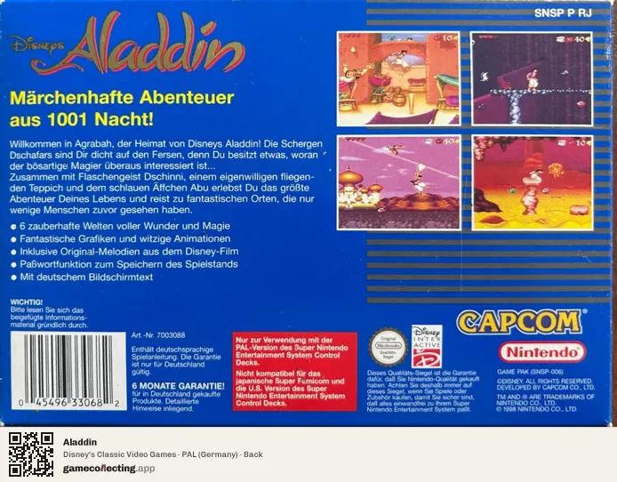 Aladdin Super Nintendo Entertainment System, Germany box back