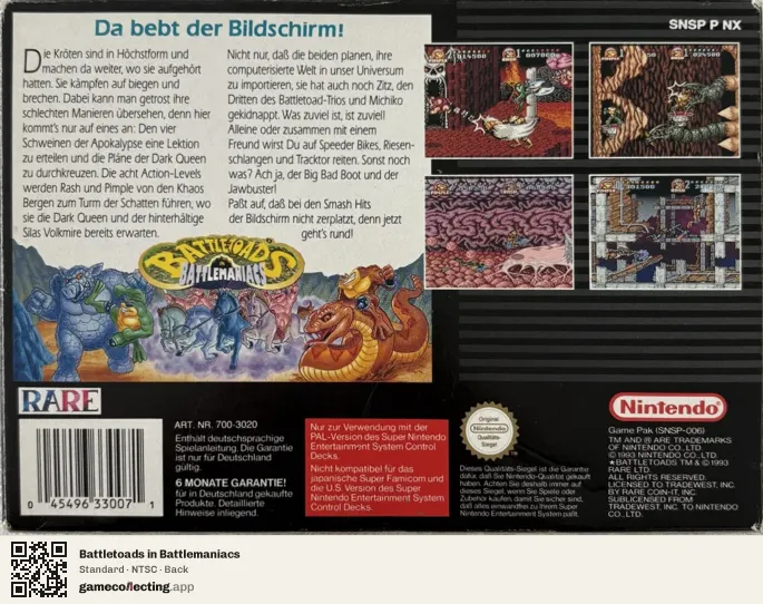 Battletoads in Battlemaniacs Super Nintendo Entertainment System, NTSC box back