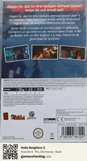 Hello Neighbor 2 Nintendo Switch, Germany box back