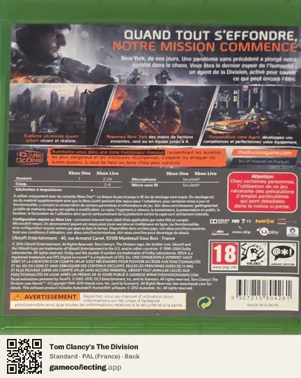Tom Clancy's The Division Xbox One, France box back