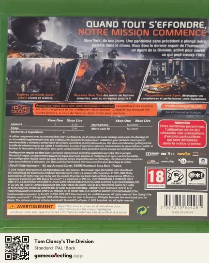 Tom Clancy's The Division Xbox One, PAL box back