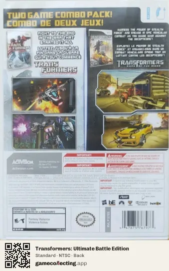Transformers: Ultimate Battle Edition Nintendo Wii, NTSC box back