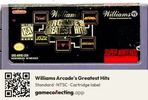 Williams Arcade's Greatest Hits Super Nintendo Entertainment System, NTSC cartridge label