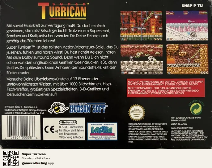 Super Turrican Super Nintendo Entertainment System, PAL box back