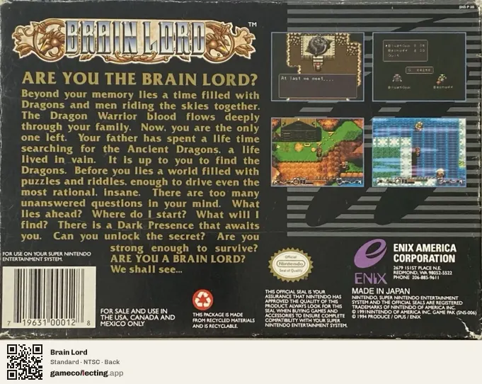 Brain Lord Super Nintendo Entertainment System, NTSC box back