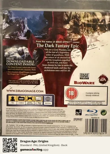 Dragon Age: Origins PlayStation 3, United Kingdom box back