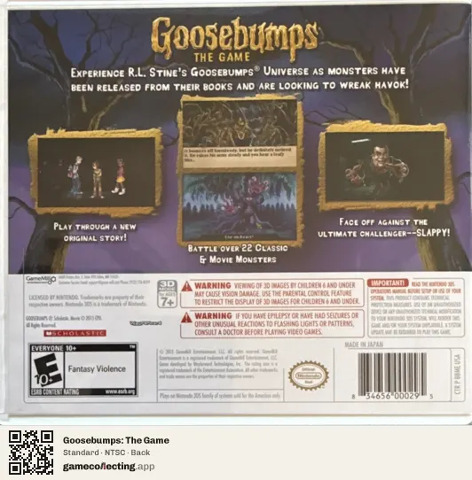 Goosebumps: The Game Nintendo 3DS, NTSC box back