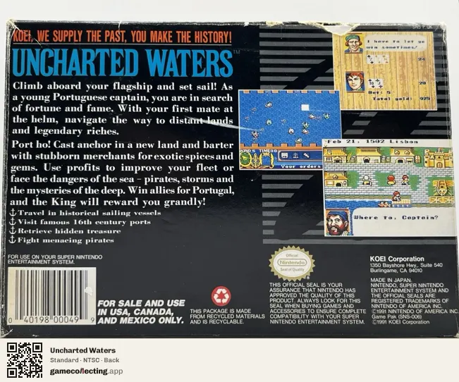 Uncharted Waters Super Nintendo Entertainment System, NTSC box back