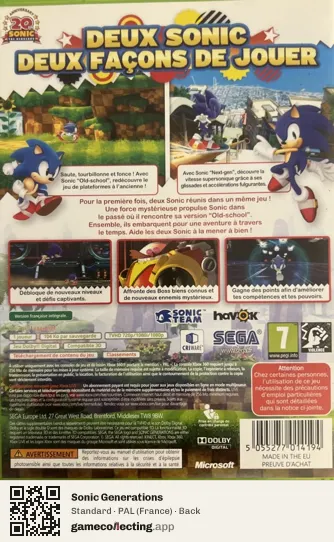 Sonic Generations Xbox 360, France box back