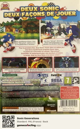 Sonic Generations Xbox 360, France box back