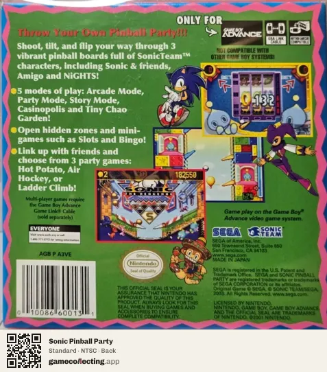 Sonic Pinball Party Game Boy Advance, NTSC box back