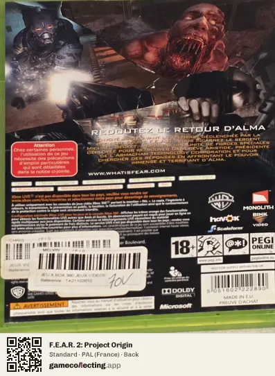 F.E.A.R. 2: Project Origin Xbox 360, France box back