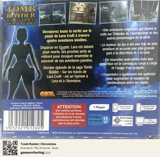 Tomb Raider: Chronicles Sega Dreamcast, France box back