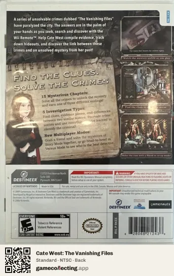 Cate West: The Vanishing Files Nintendo Wii, NTSC box back