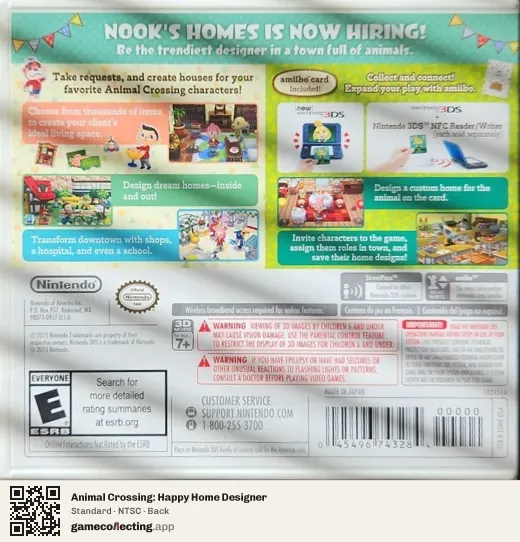 Animal Crossing: Happy Home Designer Nintendo 3DS, NTSC box back