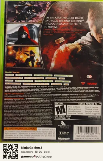 Ninja Gaiden 3 Xbox 360, NTSC box back