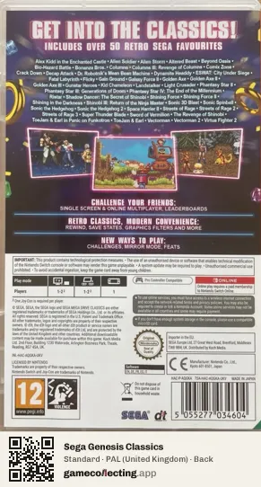 Sega Genesis Classics Nintendo Switch, United Kingdom box back