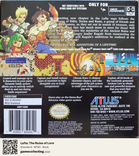 Lufia: The Ruins of Lore Game Boy Advance, NTSC box back