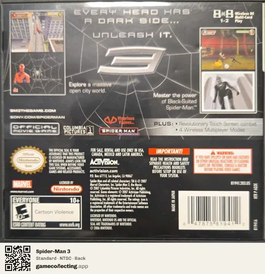 Spider-Man 3 Nintendo DS, NTSC box back