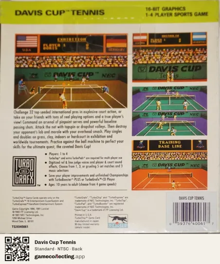 Davis Cup Tennis TurboGrafx-16, NTSC box back
