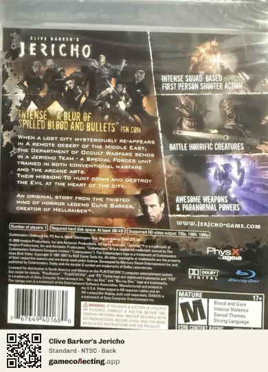 Clive Barker's Jericho PlayStation 3, NTSC box back