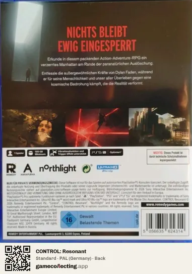 CONTROL: Resonant PlayStation 5, Germany box back
