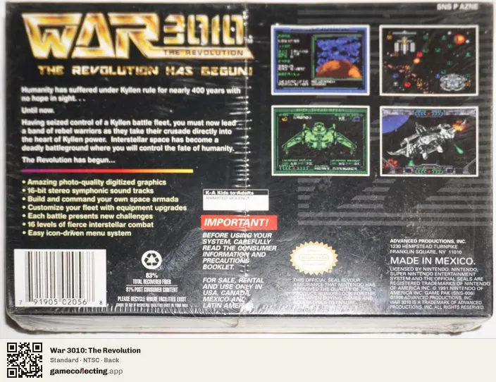 War 3010: The Revolution Super Nintendo Entertainment System, NTSC box back