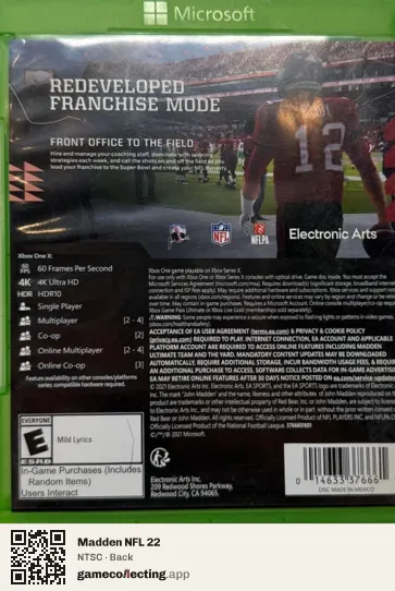 Madden NFL 22 Xbox One, NTSC box back