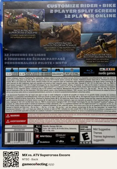 MX vs. ATV Supercross Encore PlayStation 4, NTSC box back