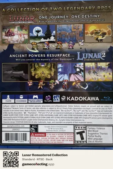 Lunar Remastered Collection PlayStation 4, NTSC box back