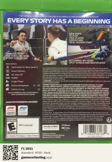 F1 2021 Xbox Series X, NTSC box back