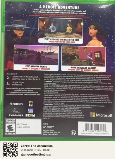 Zorro: The Chronicles Xbox Series X, NTSC box back