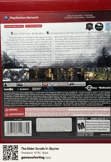 The Elder Scrolls V: Skyrim PlayStation 3, NTSC box back