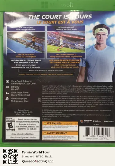 Tennis World Tour Xbox One, NTSC box back