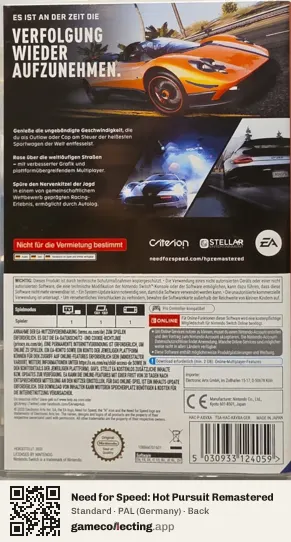 Need for Speed: Hot Pursuit Remastered Nintendo Switch, Germany box back