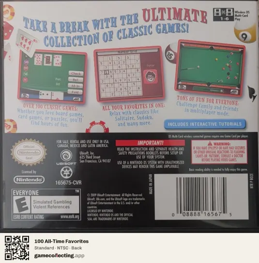 100 All-Time Favorites Nintendo DS, NTSC box back