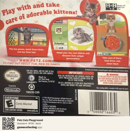 Petz Catz Playground Nintendo DS, NTSC box back