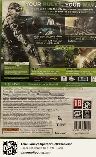 Tom Clancy's Splinter Cell: Blacklist Xbox 360, PAL box back