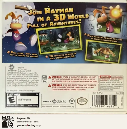 Rayman 3D Nintendo 3DS, NTSC box back