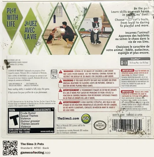 The Sims 3: Pets Nintendo 3DS, NTSC box back