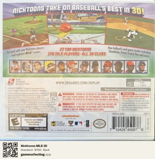 Nicktoons MLB 3D Nintendo 3DS, NTSC box back