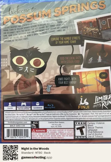 Night in the Woods PlayStation 4, NTSC box back